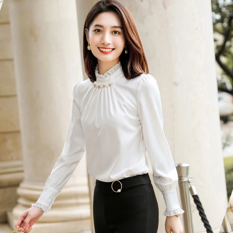 

New Elegant Womens Tops and Blouses Green Slim Business Chiffon Shirts OL Female Long Sleeve Office Ladies Wear Plus Size S-5XL