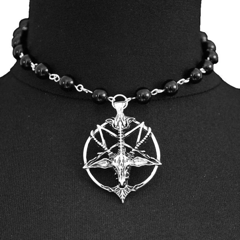 Simple Black Onyx Choker with Baphomet Pendant Vintage Pentagram Skull Round Goat Head Necklace Devil Pan God Necklaces