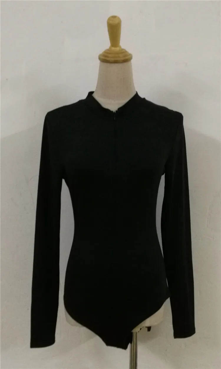 Spring 2020 Black White Bodysuit Women Zipper Long Sleeve Jumpsuit One Piece Open Crotch Slim Fit ropa mujer D01715Y | Женская одежда