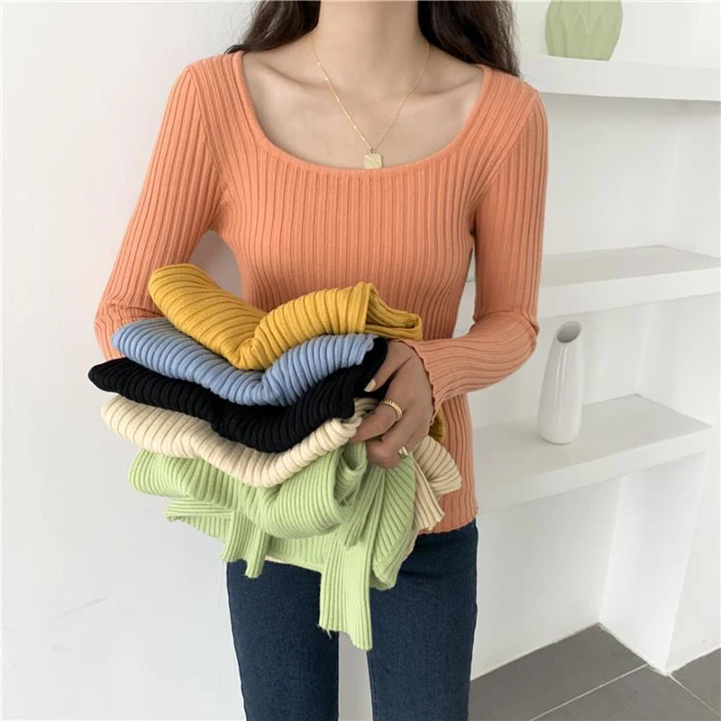 

LJSXLS 2021 Sexy Square Collar Knitted Sweater Women Autumn Winter Clothes Pullovers Tops Long Sleeve White Sweaters Pull Femme