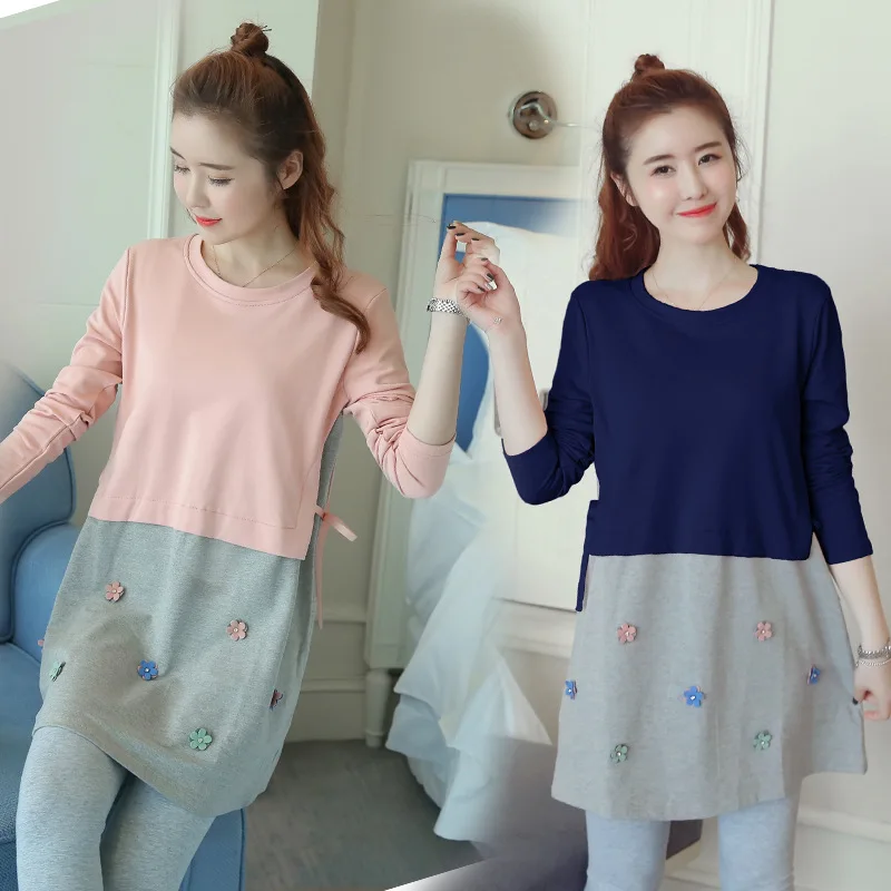 

Fashion Flower Patchwork Maternity Shirts 2020 Spring Korean Loose Clothes for Pregnant Women Fall Pregnancy Tops