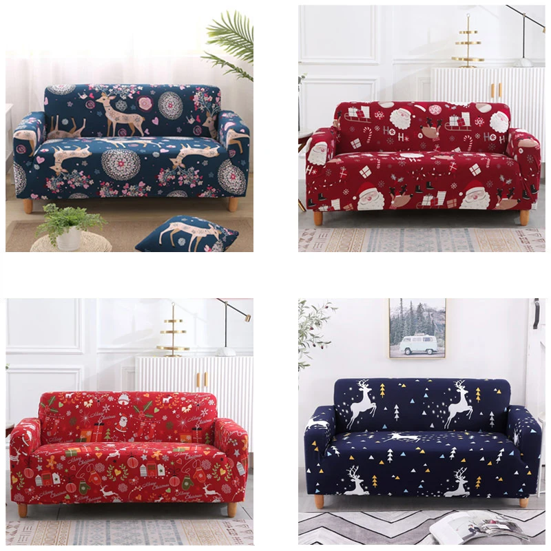 

Christmas Print Stretch Sofa Cover Elk Santa Stretch Couch Cover Slipcover Corner Christmas Decoration Home Decor 1/2/3/4 Seat