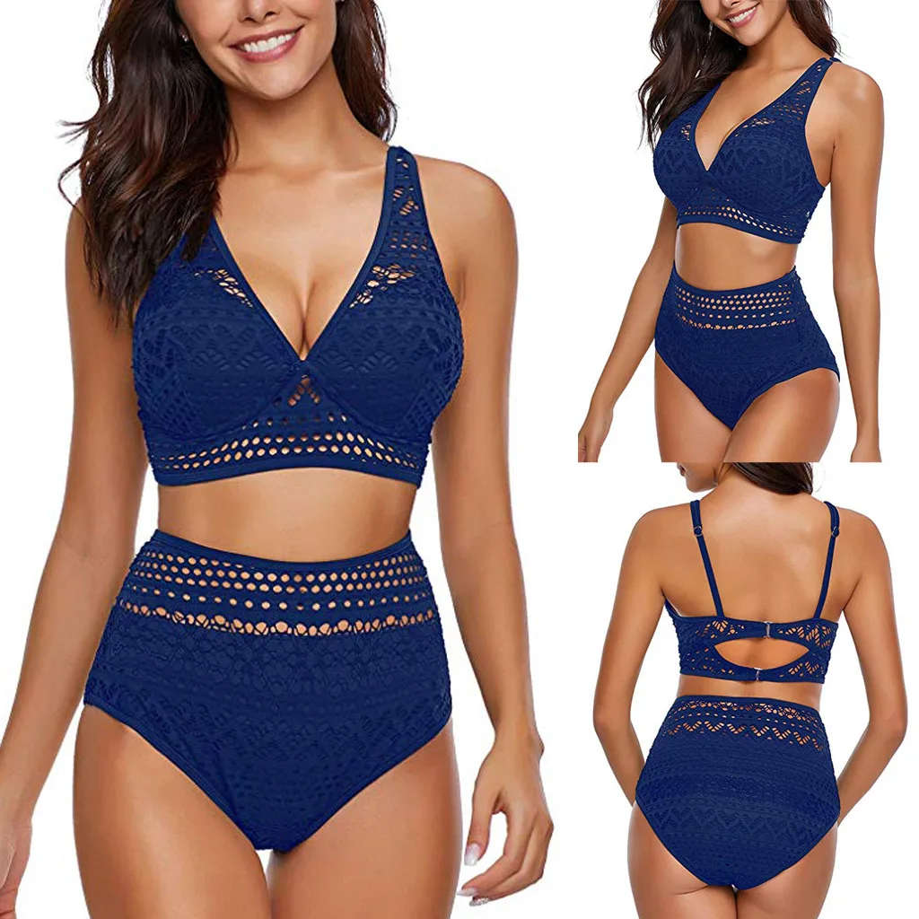 

CHAMSGEND Women's Solid Color sexy mesh split swimsuit fashion comfortable casual beachwear two-piece swimsuit
