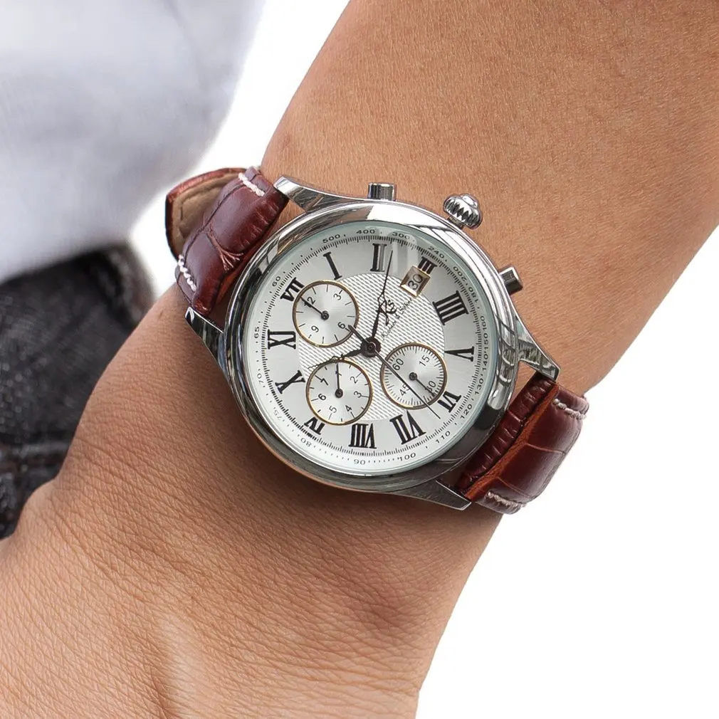 IMPERIAL KS Retro Skeleton 6 Hands Golden Case Luxury Brand Day Month Display Brown Leather Strap Men's Mechanical Watch / KS146
