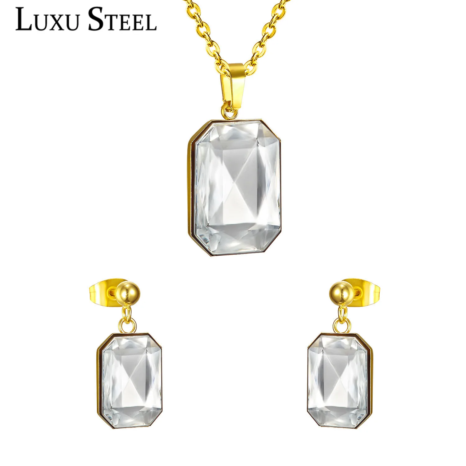 

LUXUSTEEL cubic zirconia jewellery sets Female Accessories Stainless Steel Geometry Pendant Necklace Earring Fashion Jewelry