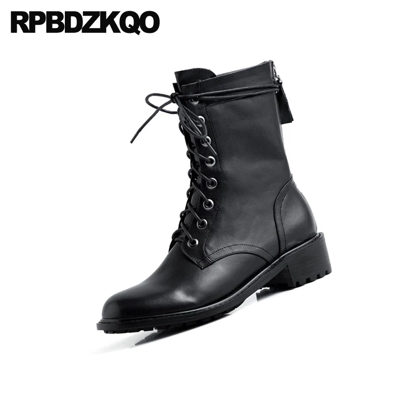 Женские ботильоны на шнуровке спереди черные дизайнерские ботинки с толстым