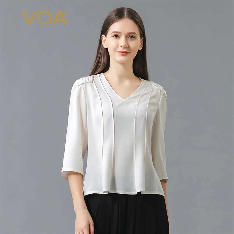 

VOA Silk 38m/m Fine Lines Joe V-Neck Three Quarter Sleeve Tops Splicing Ruffled Solid Color Wild Side Pull Woman Tshirts BE765
