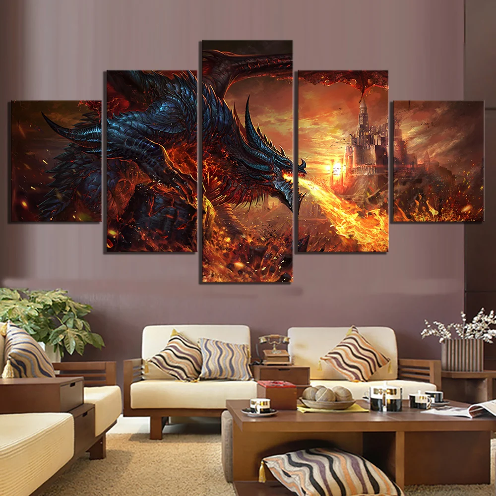 Fantasy Art Fire Dragon Game Square Round Drill Mosaic Diamond Painting Cross Stitch DIY 5D Full Embroidery 5 pcs wall decor
