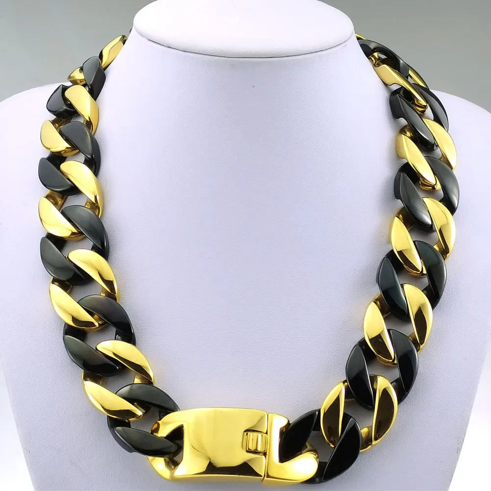 

Men woman 316L stainless steel 18K gold & black tone 24mm miami Curb Rainbow Cuban Link Chain Necklace