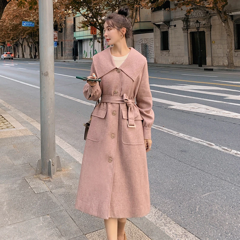 

Autumn 2020 Winter Pink Jacket Coat Women Long Woolen Coat High Quality Girlish Casual Slim Wool Blends Coats