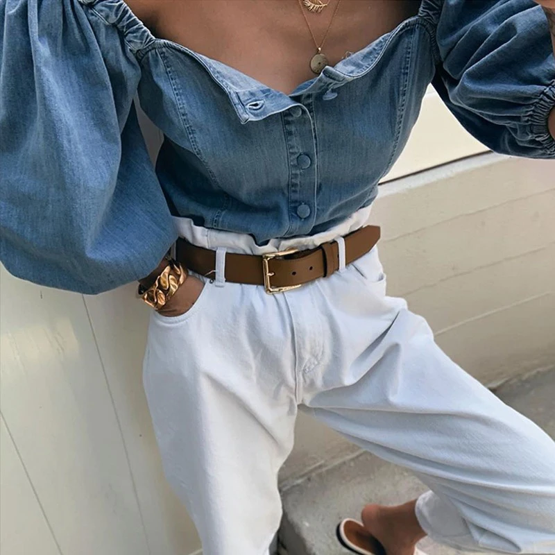 

Women's Slash Neck Off Shoulder Denim Shirt Lantern Sleeve Button Down Blouse Shirts Lady Spring Fashion Half Sleeve Denim Tops