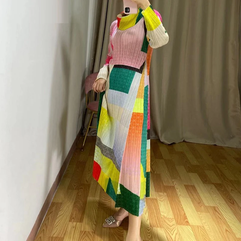 

HOT SELLING Miyake Fashion fold long sleeve geometric pirnt turn-down collar dress IN STOCK
