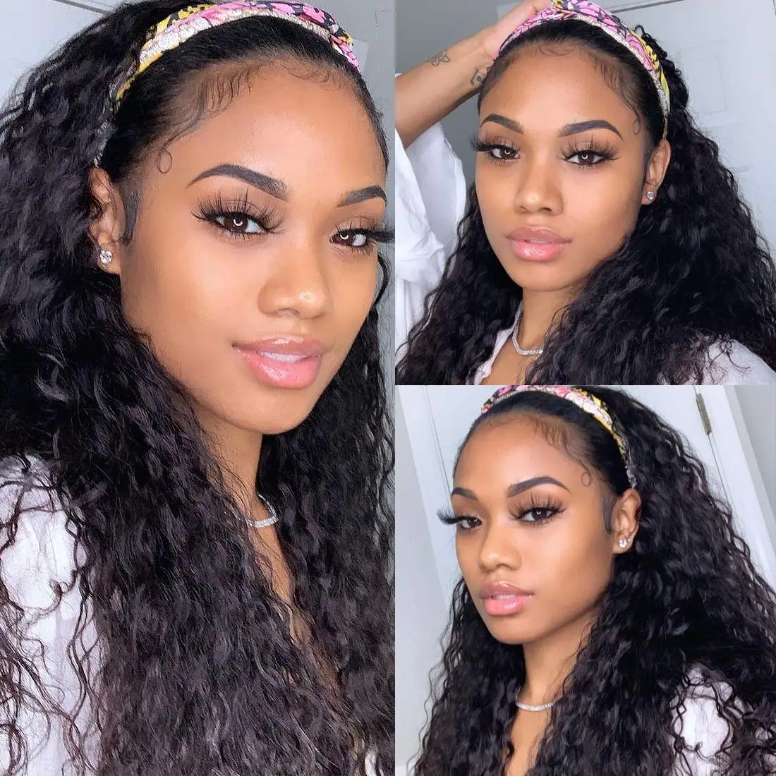 

Geeta Water Wave Headband Wig Human Hair Brazilian Machine Made Wigs With Head Band No Glue Scarf Wig None Lace Frontal Wigs