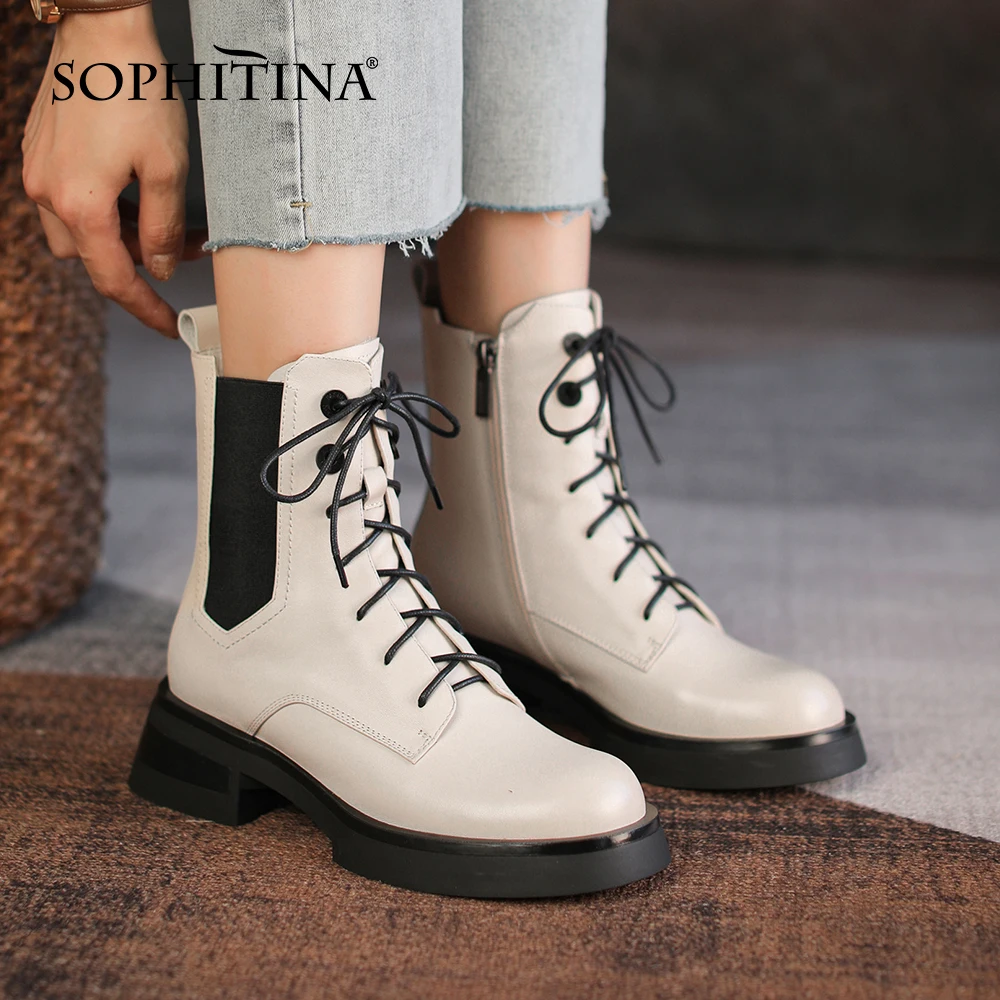 

SOPHITINA New Woman's Boots Handmade Solid Color High Quality Thick Round Toe Shoes Versatile Fashion Women's Ankle Boots NO101
