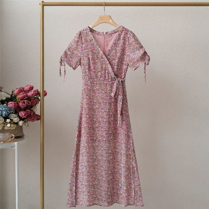 

Summer Floral Dress Women Puff Short Sleeve V-Neck Prairie Chic Belt Elegant Fashion Pink Blue Midi Maxi Dresses Vestidos Verano