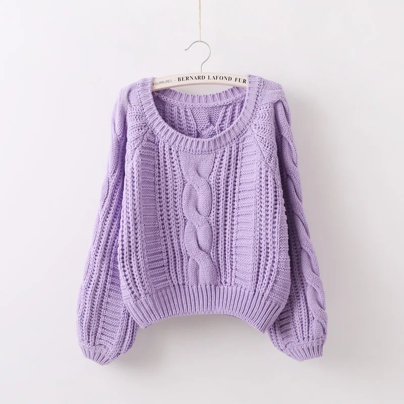 New Winter Women Sweater And Pullovers Female Twisted Coarse Wool Short Lantern-Sleeved Loose Knitted Outwear Tops 0.38KG | Женская