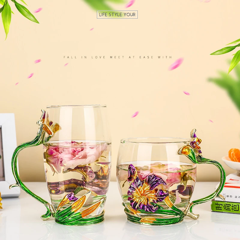 

Dovetail Flower Color Enamel Glass With Spoon Tea Milk Cups Coffee Mugs Europe Style Drinkware