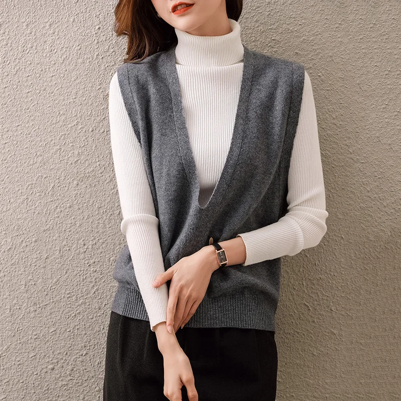 

Женский шерстяной жилет, мягкий теплый свитер без рукавов с большим V-образным вырезом, Стильный пуловер, Осень-зима 100