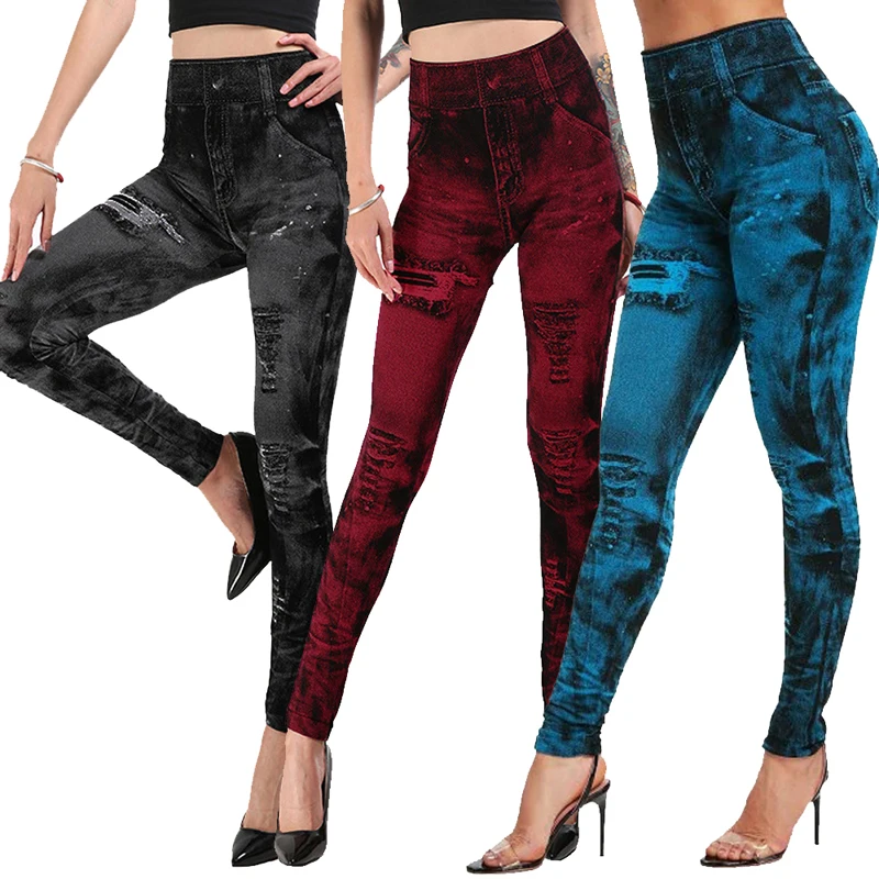 

Slim Women Leggings Faux Denim Jeans High Waist Elastic Pants Fitness Sports Leggings Gym Workout Running Push Up Trousers