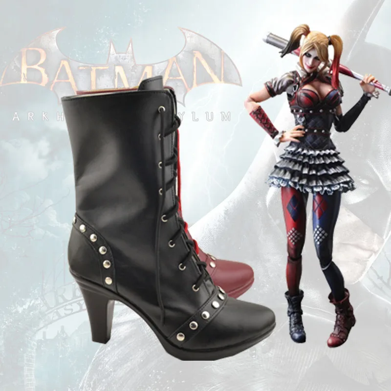 CostumeBuy Arkham Knight Cosplay Quinn Boots Bad Girl Shoes Black&Red Boots Adult Women Halloween Accessories Custom Made