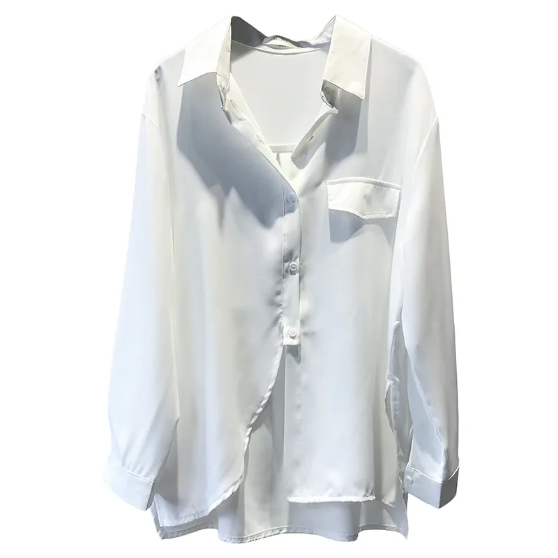 

2020 new simple women style loose solid colour shirt female design sense light familiar blouse retro fashion shirt