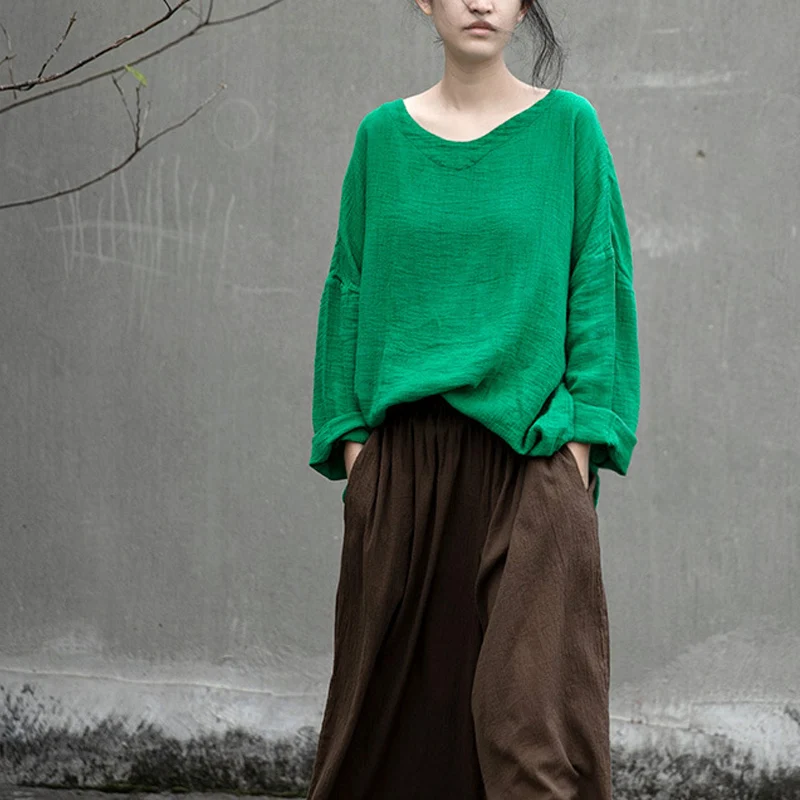 Женские хлопковые льняные футболки Johnature зеленые весенние свободные