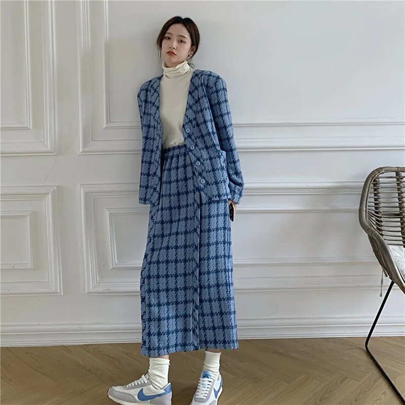 

2021 Spring Autumn New Korean Women 2 Pieces Set Plaid Loose Blazer Long Skirt Office Lady Suit Woman's Outfits Chic Elegant