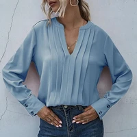 2021 solid womens pleated shirt long sleeve v neck loose shirt for office lady workwear spring summer long sleeve chiffon blouse
