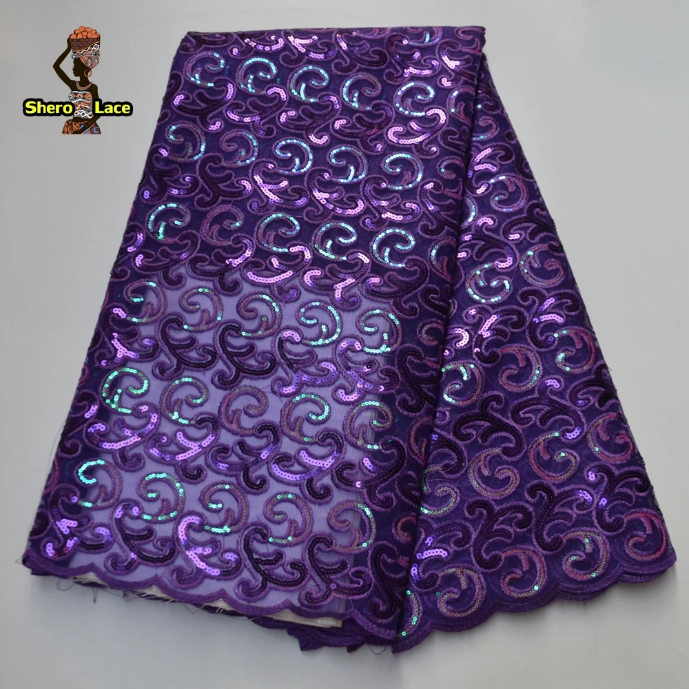 Африканская кружевная ткань из органзы Нигерия пурпурная с блестками для