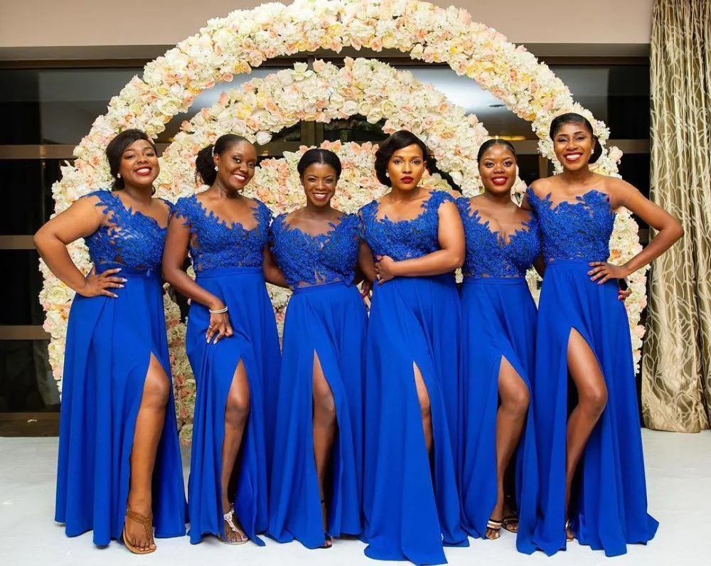 

South African Bridesmaid Dresses A-line Cap Sleeves Royal Blue Chiffon Appliques Pearls Slit Long Wedding Party Dresses