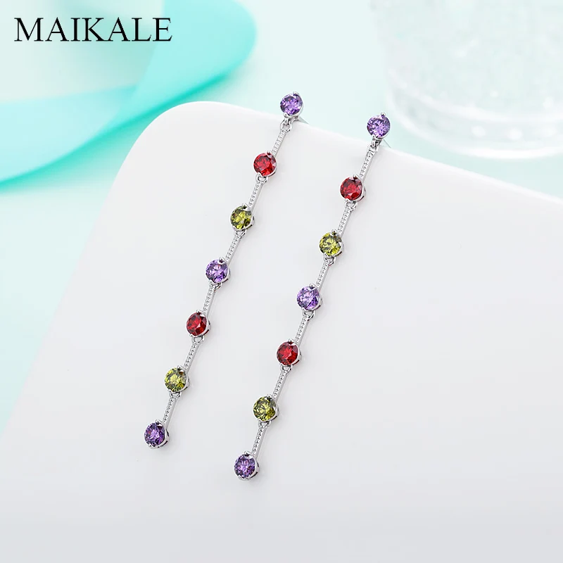 Женские длинные серьги кисточки MAIKALE золотистые Разноцветные с цирконом класса