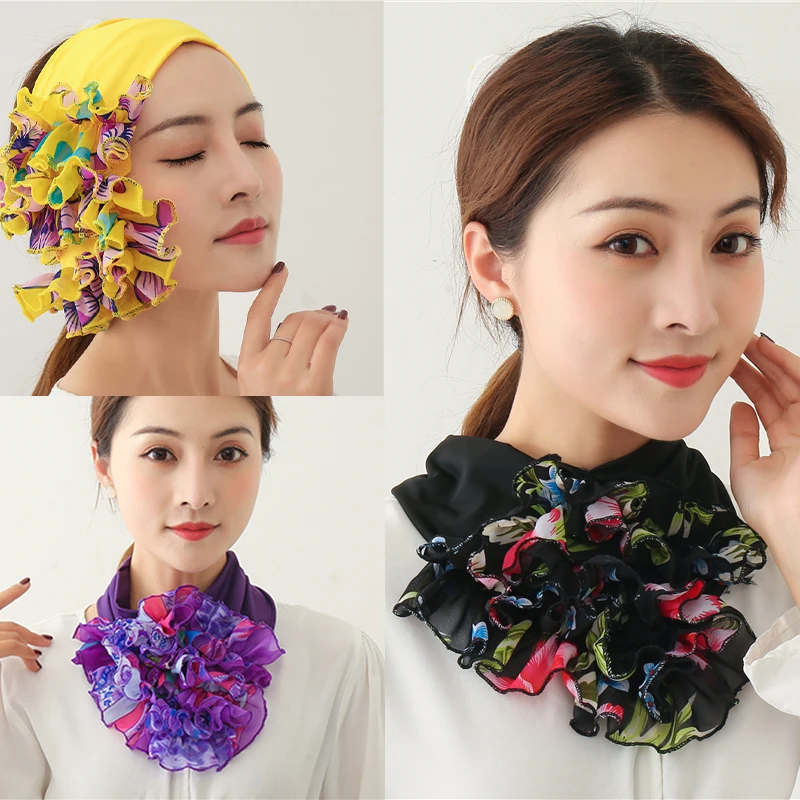 

New Floral Ring Neck Scarf Women Chiffon Collar Tie Foulard Hair Headband Scarves Muslim Turban Solid Office Neckerchief Skinny