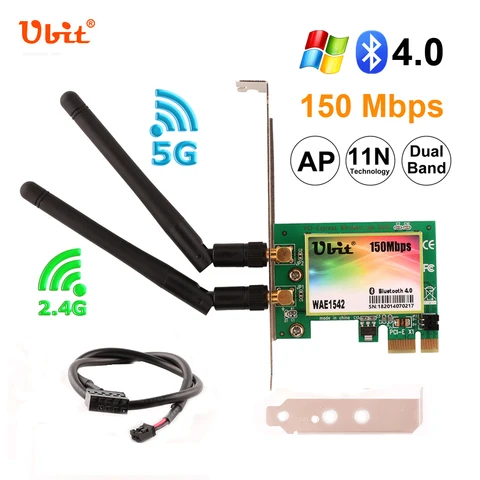 Беспроводная сетевая карта Ubit Bluetooth 4,0, PCI-Express X1-X16, 2,4 ГГц/5G, 150 Мбит/с для настольного ПК, Windows XP, Win7/8/10