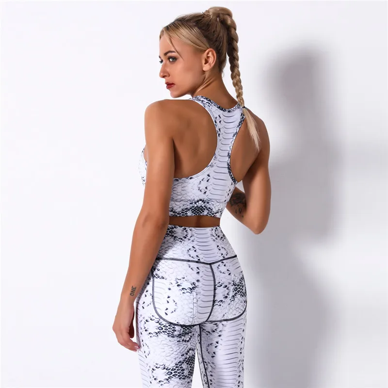 Комплект Для Йоги Женский со змеиным принтом с карманами и бюстгальтером для