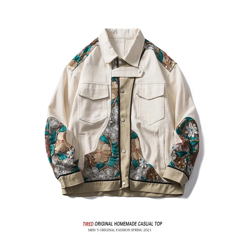 

2021 Spring New Casual Jacket Loose Color-Block Embroidered Denim Jacket Japanese Retro Lapel Trendy Men's Top