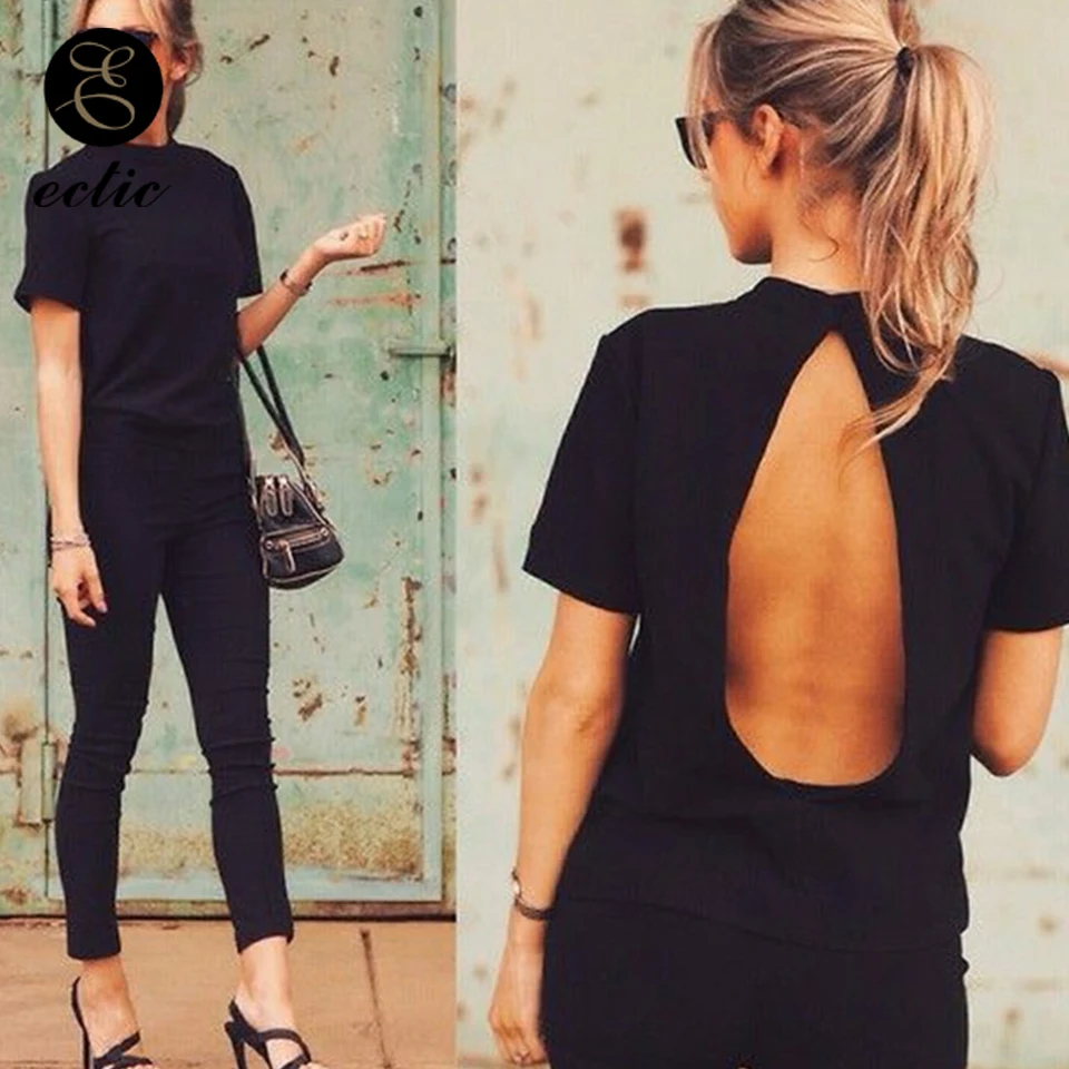 Сексуальное Открыть Спина Майка Без Спинки Круглый Воротник Топ Короткий Рукав