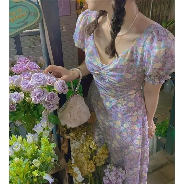 

2021 New Retro French Gentle Escape Princess Purple Oil Painting Floral Dress Split Fairy Long Skirt