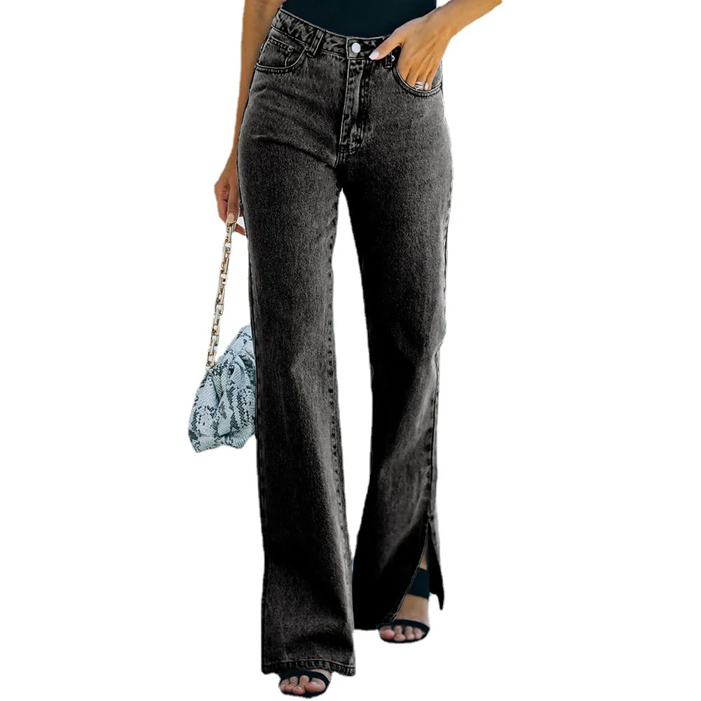 

Jeans Women Pants Summer Fashion Casual Solid Split Fork Pants Elegant Mid Waist Button Zipper Mujer De Moda Denim Trousers