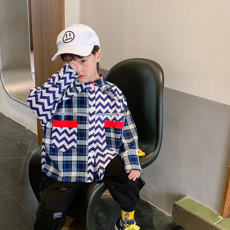 

Boy's Shirt Autumn Kid's Lapel Characteristic Cacket Korean Style Trendy Plaid Striped Stitching Shirt Cute Casual Shirt