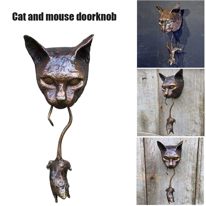 

Cat and Mouse Doorknob Decorative Wall Hanging Resin Ornament Animal Door Knocker Statue For Home Medieval Style Home Decor
