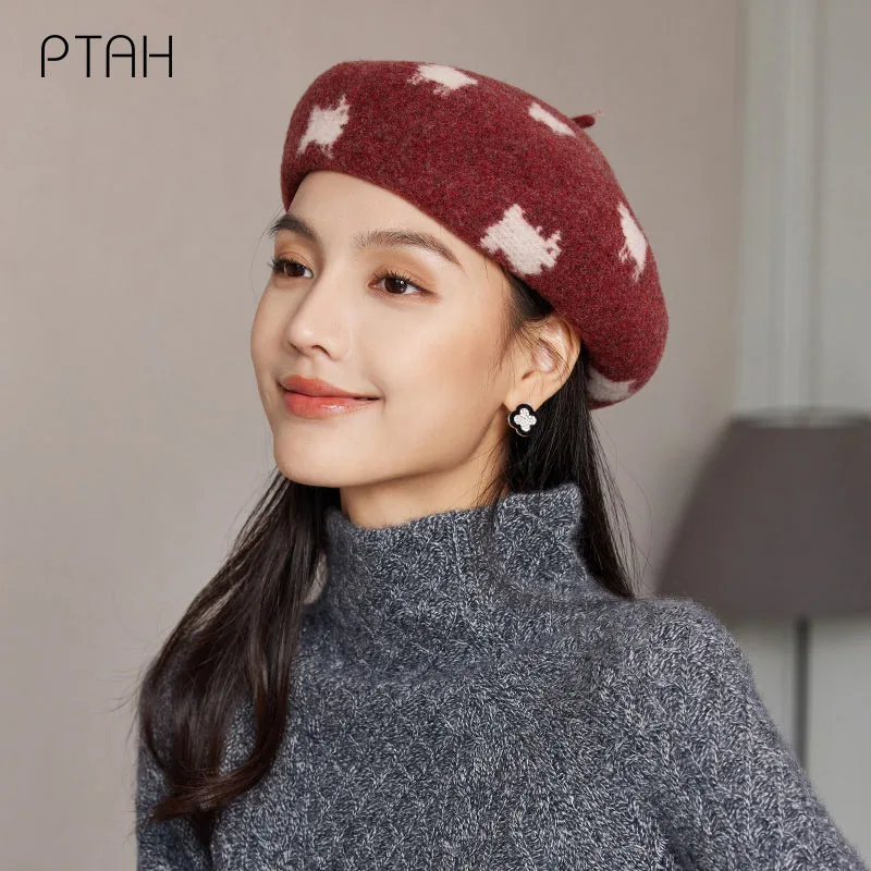 

[PTAH] Women Girls Berets French Artist 100% Wool Hats Winter Warmer Beanie Hat Vintage Plain Beret Hats Elegant Lady Winter Cap