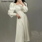 Женское винтажное платье, белое платье с квадратным вырезом и длинным рукавом, модельное платье в Корейском стиле