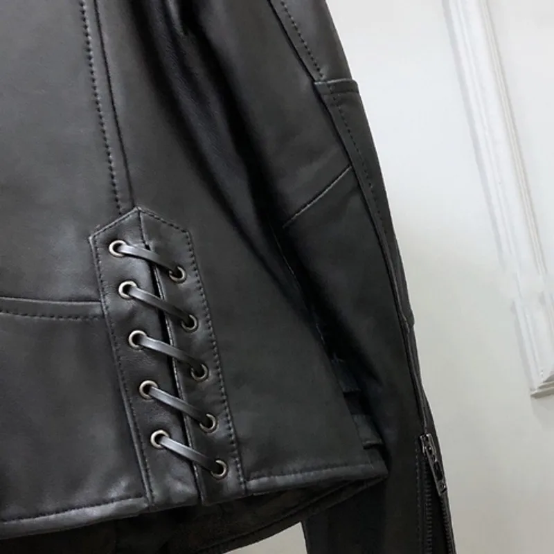 

Leather Streetwear 100% Real Jacket Female Loose Cross-Tied Punk Sheepskin Short Coat Zipper Black Biker Office Lady Outerwear