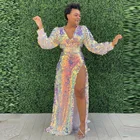 Женское вечернее платье с высоким разрезом, длинным рукавом и блестками