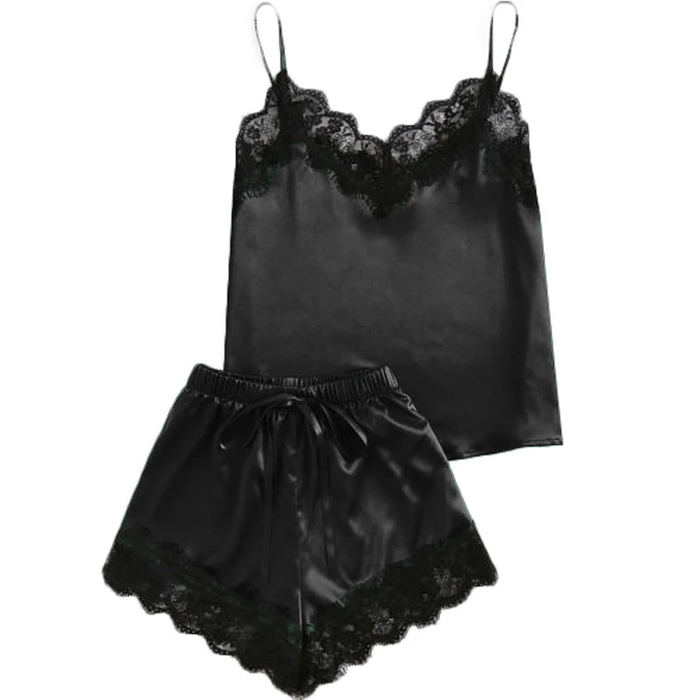 

Woman Nightdress Elegant Pajamas Set Summer Lingerie Smooth Babydoll Sexy Lace Satin Sleepwear