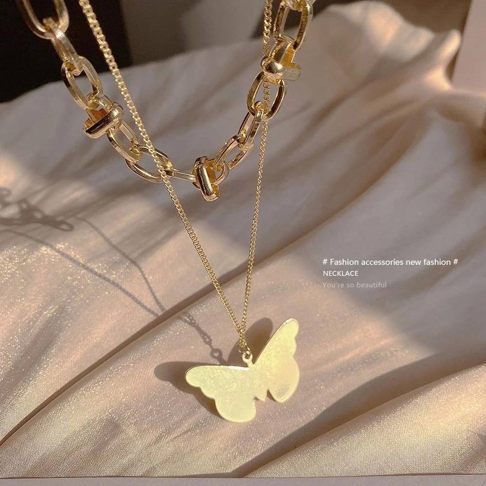 

Butterfly Pendant Necklace for Women 2021 Korean Fashion Aesthetic Layered Accessories Titanium Jewelry Luxury Clavicle Chain