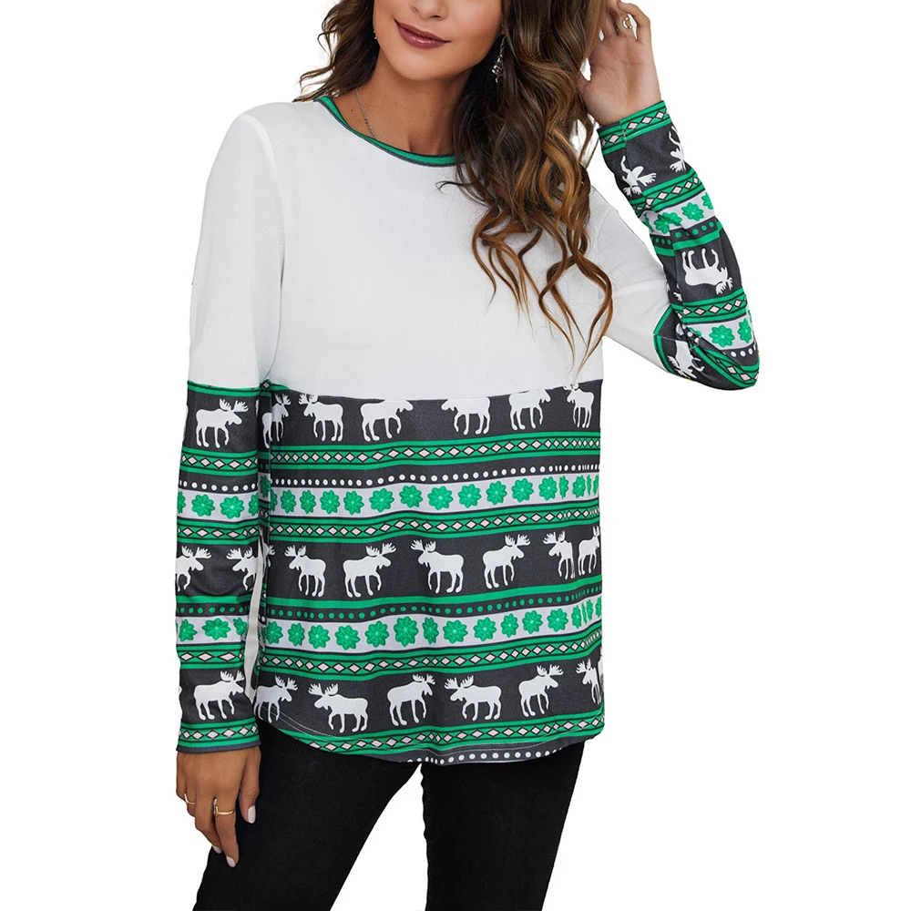 

Женская рождественская футболка с длинным рукавом и принтом лося, повседневный Свободный пуловер с цветными блоками, блузка, Рождественска...