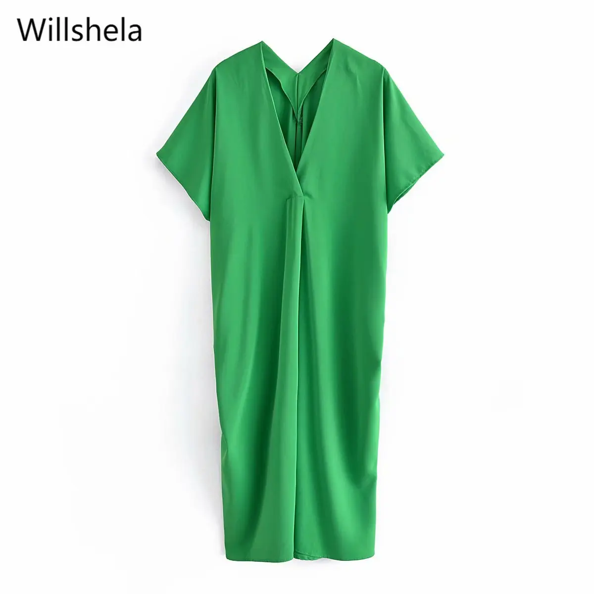 

2021 женское винтажное атласное платье, модное, с короткими рукавами, v-образным вырезом, шикарное, ретро, женское, свободное, миди, длинное пла...