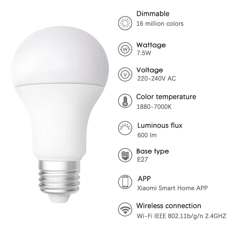 Оригинальная Светодиодная лампа Xiaomi MIjia для умного дома цветная E27 1880-7000K Wi-Fi