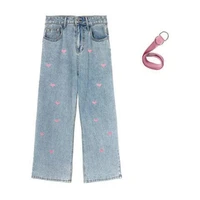 cute jeans for teen girls vintage washed love jeans korean loose straight denim trousers high waist cropped pants female
